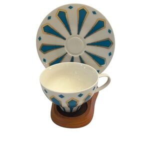Meritage China Striped Aqua Blue and Gold Teacup and Saucer Set Tea Cup